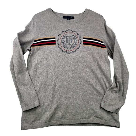 Tommy Hilfiger Womens XL Gray Crewneck Sweatshirt Striped Studded Logo - Picture 1 of 9